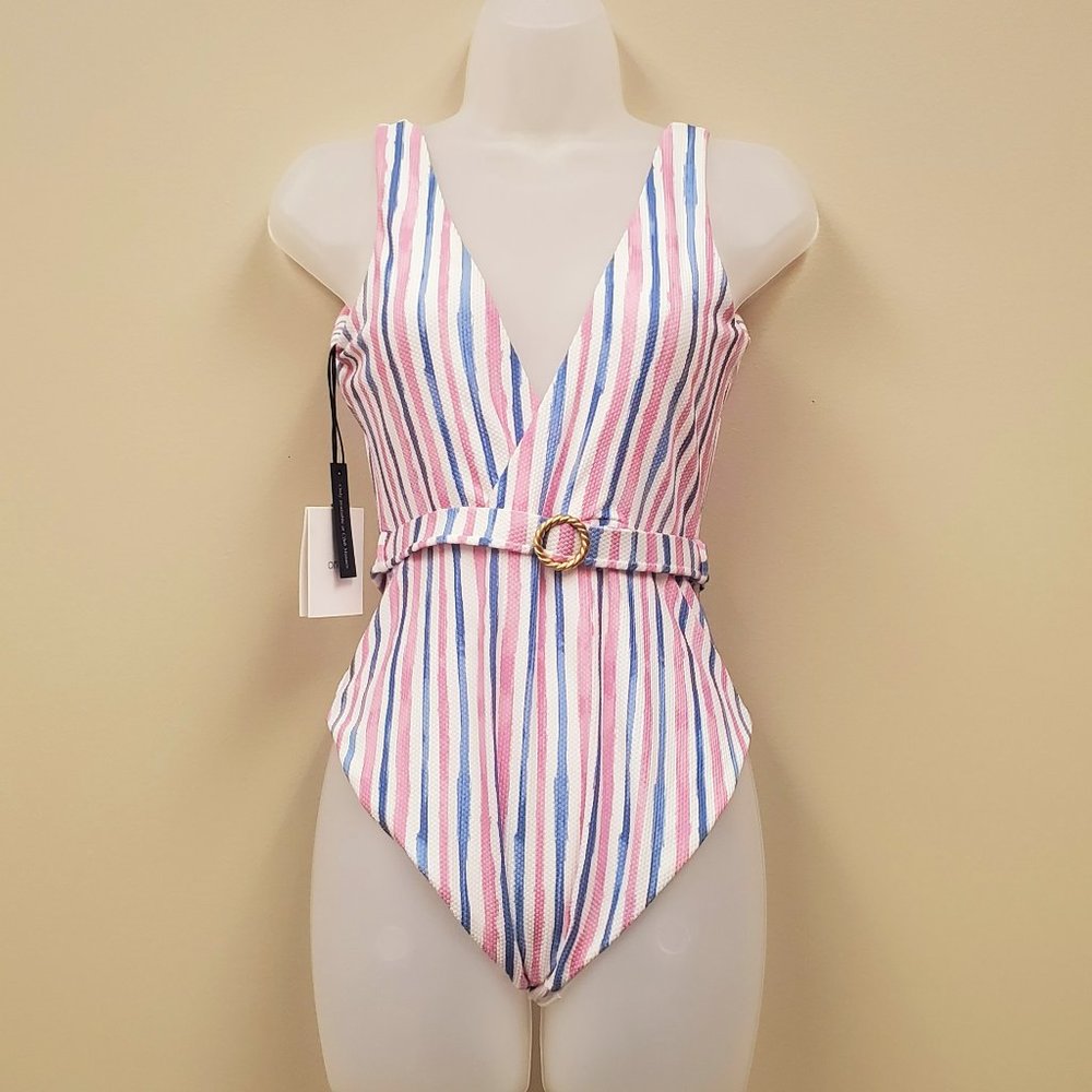Onia Michelle Belted Striped One Piece Swimsuit Sz M NWT